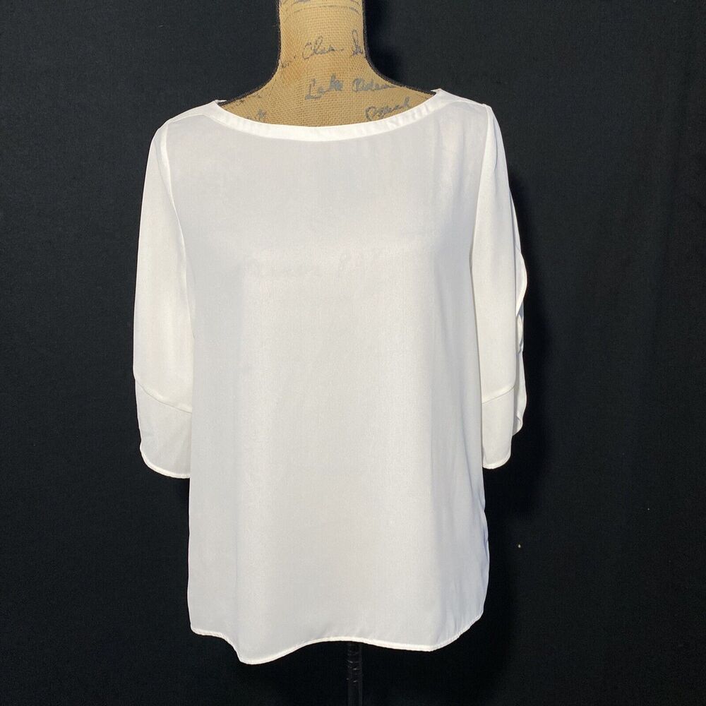 LOFT Outlet Top SMALL Ivory Flutter Sl Blouse Chiffon T Shirt Combo Woven Knit
